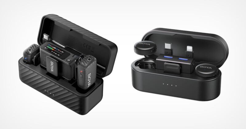 Two compact black electronic kits are shown open. The left case holds two wireless microphones and a receiver. The right case holds two wireless earbuds and charging connectors. Both cases have LED indicators.