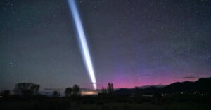 A bright white spotlight beams into a star-filled night sky, with purple and pink auroras glowing above silhouetted trees and distant mountains.