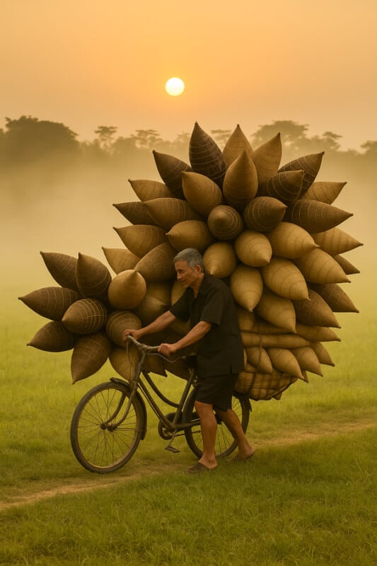 A man pushes a bicycle overloaded with large, cone-shaped baskets along a grassy path at sunrise, with mist and the sun glowing in the background.