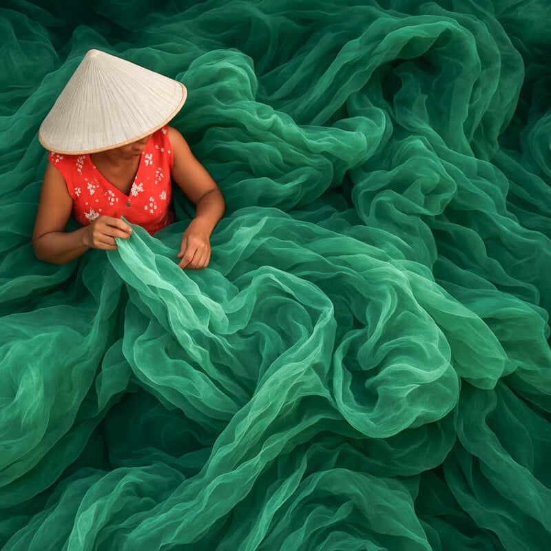 A person wearing a conical hat and red floral top is mending or handling large green fishing nets spread out around them.