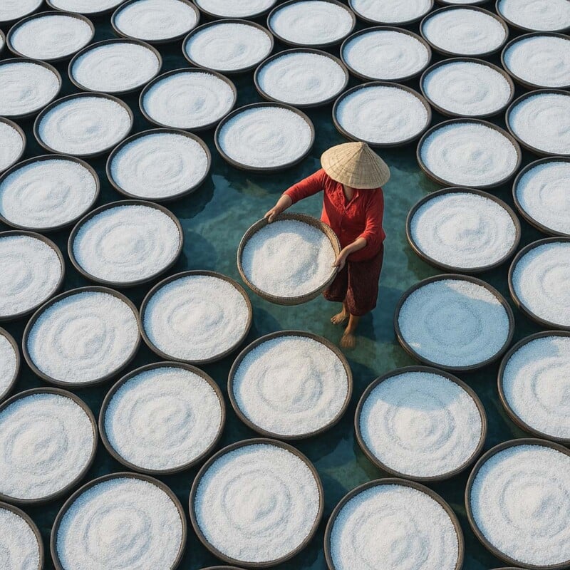 A person wearing a conical hat and red clothing stands among large circular trays filled with white salt, evenly spaced in water, viewed from above.