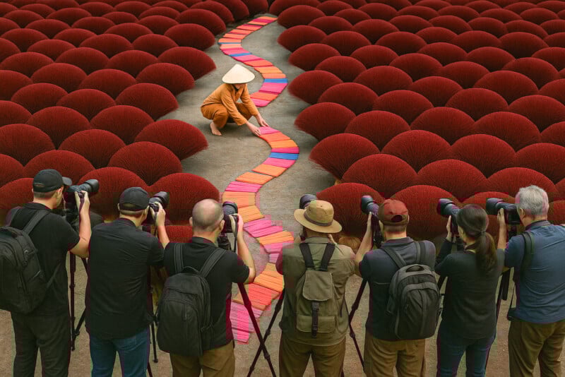 A person in a conical hat arranges colorful incense sticks in a winding path between rows of red incense bundles, while six photographers with cameras capture the scene from behind.