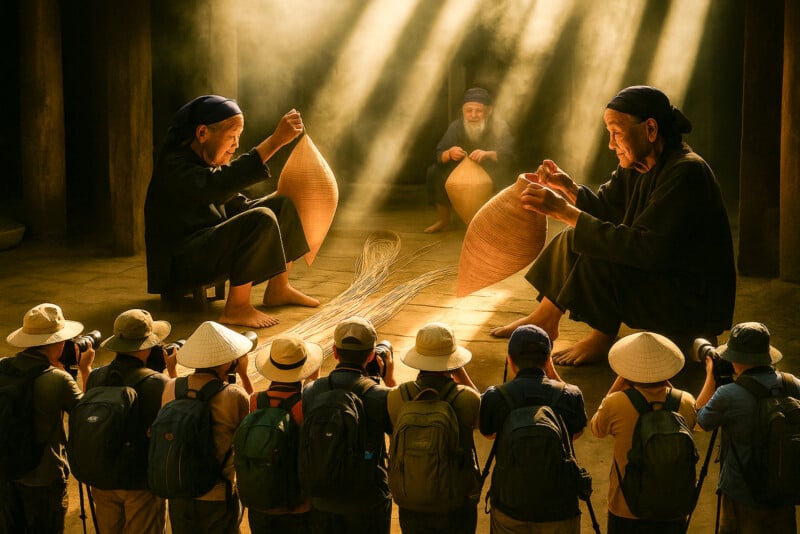 Three elderly people weave baskets in dramatic sunlight indoors, while a group of photographers wearing hats and backpacks kneel in the foreground, capturing the scene.