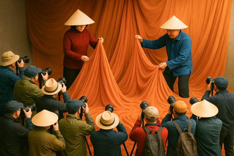 Two people in conical hats hold up orange fabric as a group of photographers, also wearing conical hats, take pictures in front of them. The scene is set against a matching orange draped background.
