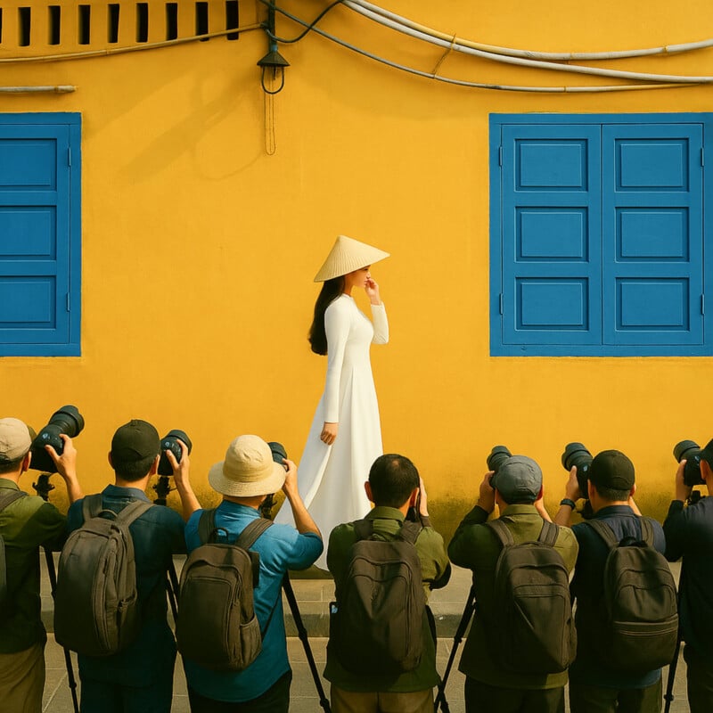 A woman in a white dress and conical hat walks past a yellow wall with blue windows, while a row of photographers with cameras and backpacks take photos of her.