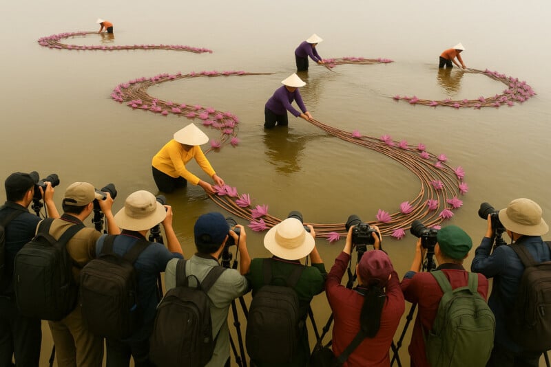 Photographers with cameras capture workers in conical hats arranging pink water lilies in flowing patterns on a calm, shallow lake. The scene is serene and visually striking.
