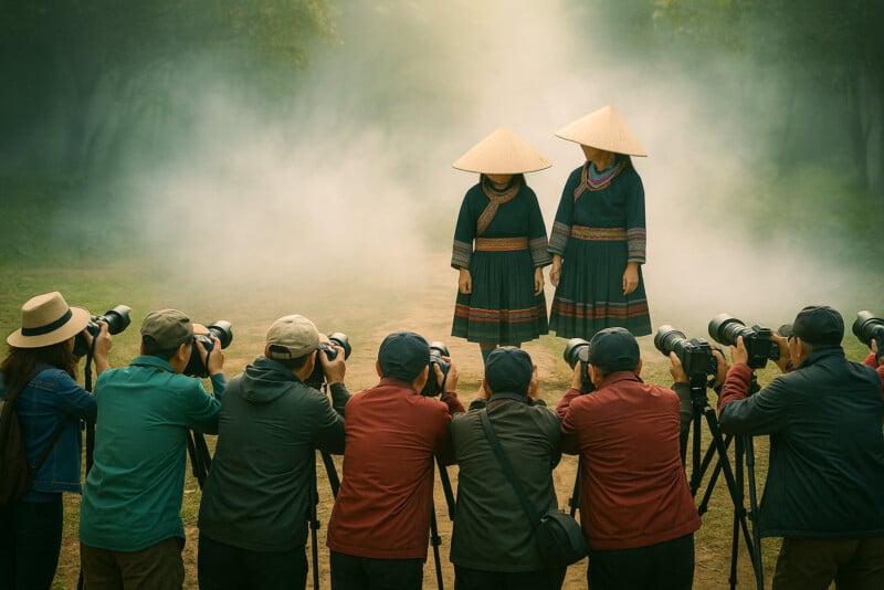 Two people in traditional clothing and conical hats stand in a misty outdoor setting, facing a row of photographers with cameras and tripods capturing their image.