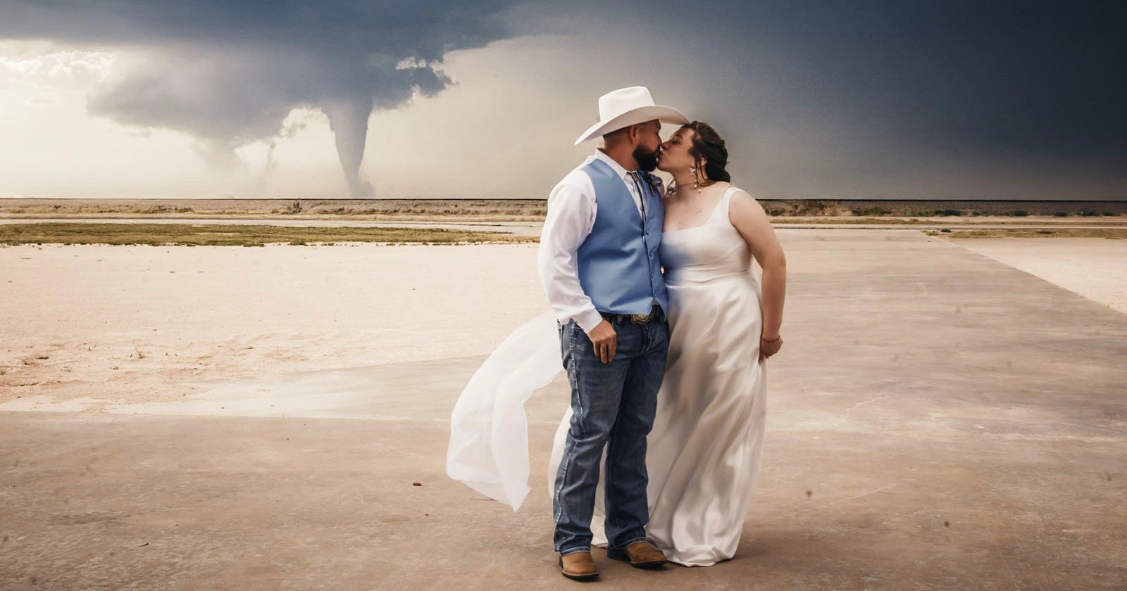 A bride and groom in wedding attire share a kiss outdoors on a concrete surface, with a large tornado forming in the distant, dark sky behind them.