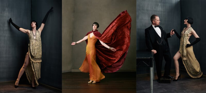Three vintage-style portraits: left, a woman in a gold flapper dress and black gloves poses dramatically; center, a woman in an orange gown and red cape twirls; right, a man in a tuxedo faces the first woman.