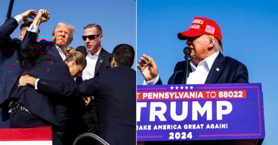 Split image: Left—A man in a suit with a bloodied face is surrounded by security and being helped off a stage. Right—A man in a red hat speaks into a microphone at a podium with a Trump 2024 campaign sign.