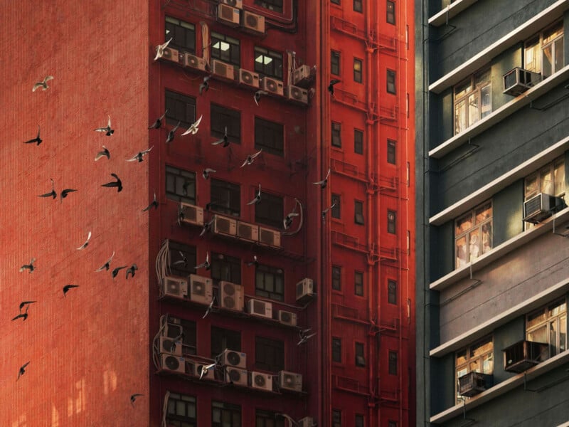 A flock of pigeons flies in front of tall, closely packed apartment buildings with many air conditioning units and windows. The buildings are painted red, orange, and gray.