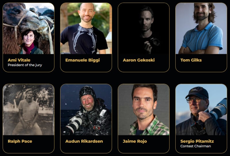A panel of eight wildlife photographers is shown, including Ami Vitale, Emanuele Biggi, Aaron Gekoski, Tom Gilks, Ralph Pace, Audun Rikardsen, Jaime Rojo, and Sergio Pitamitz, each holding cameras or in outdoor settings.