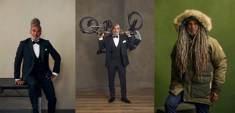 A man with long gray dreadlocks is shown in three outfits: a tuxedo seated on a table, a suit holding a bicycle over his shoulders, and a green winter coat with a fur hood, standing against different backdrops.