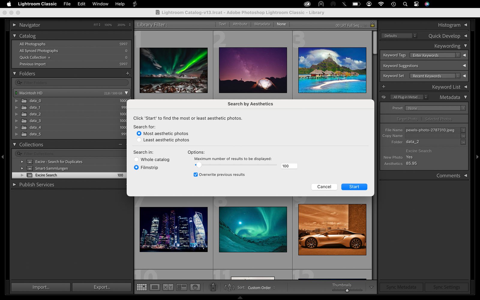 A computer screen shows Adobe Lightroom Classic with a popup window titled "Search by Aesthetics." Behind the popup are several photo thumbnails, including landscapes, auroras, and a car. The popup has search and options settings.