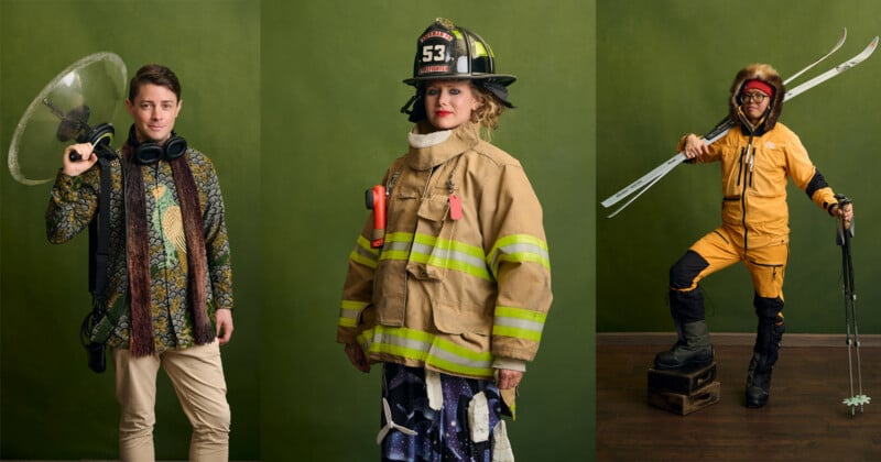 Three people stand against a green background: one holds headphones and a satellite dish, one wears a firefighter uniform and helmet, and one is dressed in yellow winter gear with skis and poles.