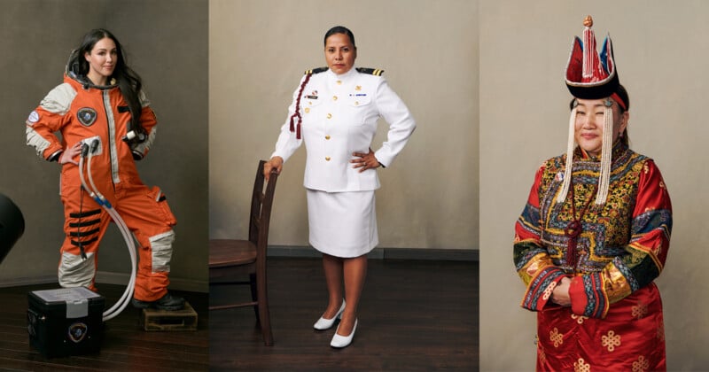 Three women stand separately against a plain background: one in an astronaut suit, one in a white military uniform, and one in ornate traditional Mongolian attire with a tall headpiece.