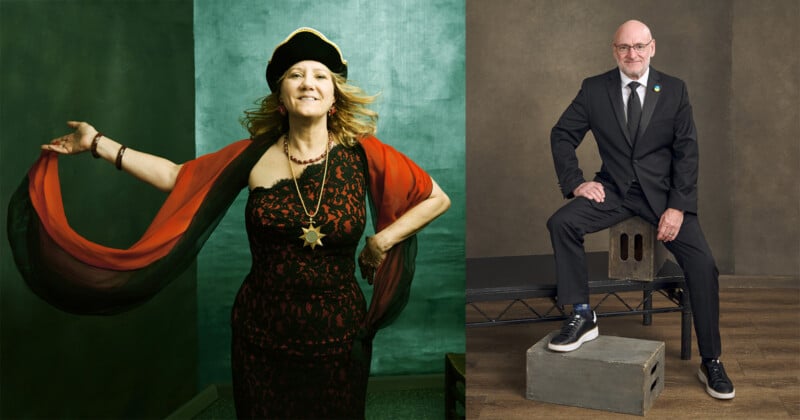 Two adults pose in front of studio backdrops: on the left, a smiling woman in a black lace dress with a red shawl and black hat, and on the right, a man in a black suit and tie sitting confidently on a stool.