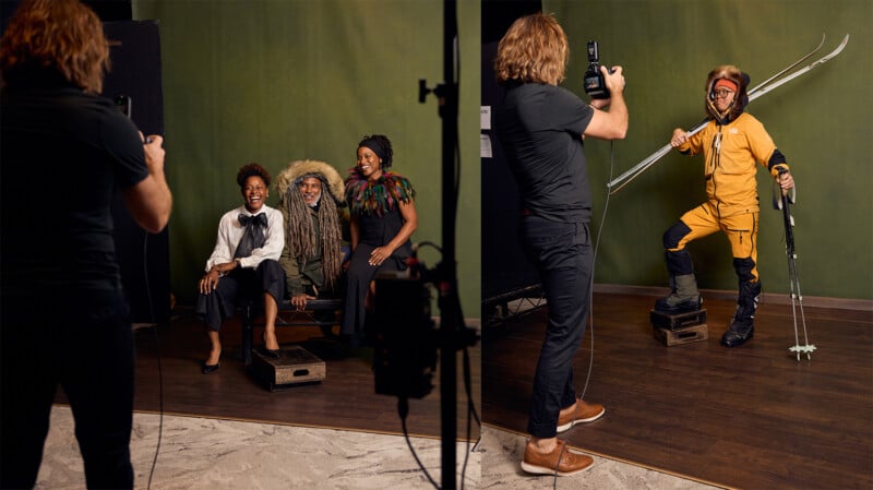 A photographer takes pictures of three people sitting, dressed in formal and explorer-themed outfits, while another person poses in a yellow snowsuit with vintage skis and poles against a green background.