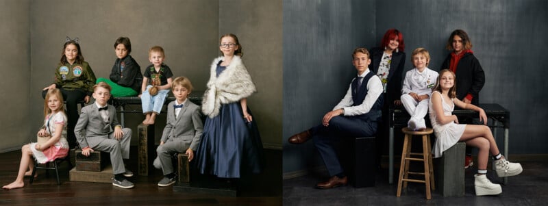 A split image shows the same group of six children in two different years. On the left, they're younger and dressed up; on the right, they're older, wearing more modern and casual clothes, arranged in similar poses.