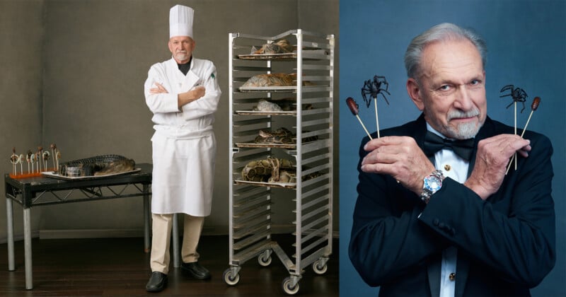 A chef in a white uniform stands beside trays of baked goods. Next to him, an older man in a tuxedo holds sticks with edible insects, including a scorpion and a large beetle, crossed in front of his chest.