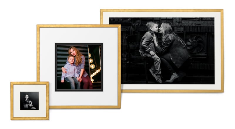 Three framed portraits: a small black-and-white photo of a young child, a medium-sized color photo of a woman with a boy, and a large black-and-white photo of the woman and boy touching noses.