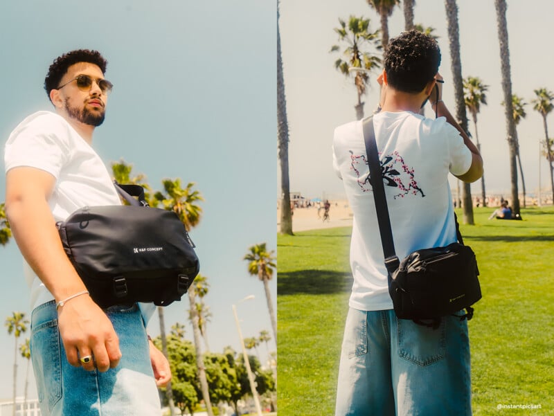 A man wearing sunglasses, a white t-shirt, and blue jeans poses outdoors by palm trees, carrying a black crossbody bag. One photo shows him facing forward, the other shows his back as he lifts a camera.