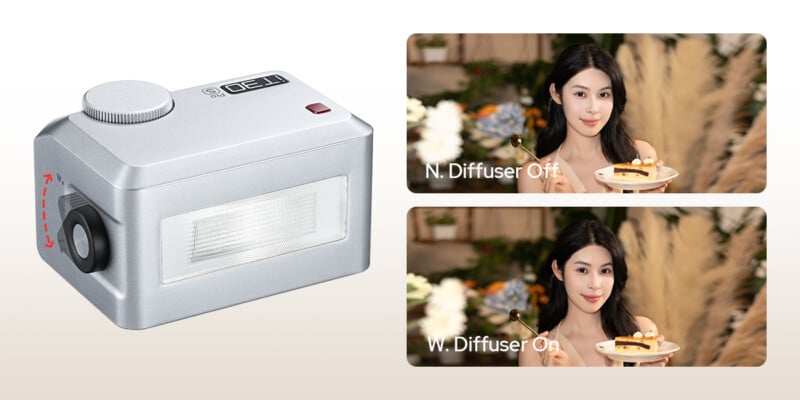 A comparison showing a camera flash device on the left, and portraits of a woman holding a dessert on the right labeled "N. Diffuser Off" (with sharper light) and "W. Diffuser On" (with softer light).