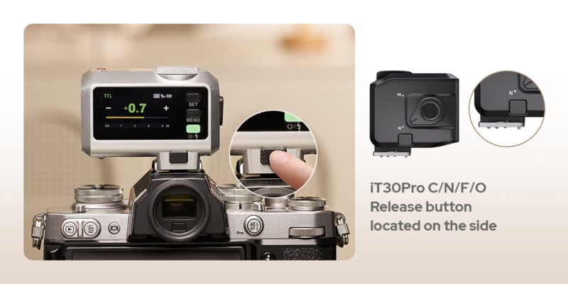 A person presses the side release button on a camera flash trigger mounted on a camera. Insets show close-ups of the button and the device’s side view, labeled "iT30Pro C/N/F/O Release button located on the side.