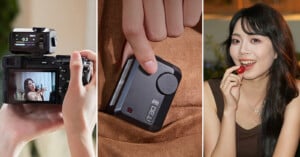 A triptych image: left, a camera screen shows a woman eating a cherry; center, a hand presses a button on a device; right, a woman smiles while eating a cherry.
