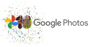 Google Photos logo with three people celebrating and blowing confetti, surrounded by colorful confetti shapes, next to the text "Google Photos" on a white background.