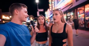 A man in a blue shirt holds a microphone, interviewing two women on a busy street at night with neon lights and storefronts in the background. The woman on the right looks surprised, while the other smiles.