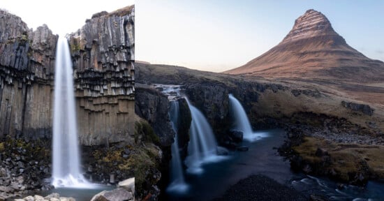 Two Icelandic landscapes: on the left, a tall waterfall cascades over hexagonal basalt columns; on the right, a small waterfall flows near a distinctive cone-shaped mountain under a cloudy sky.