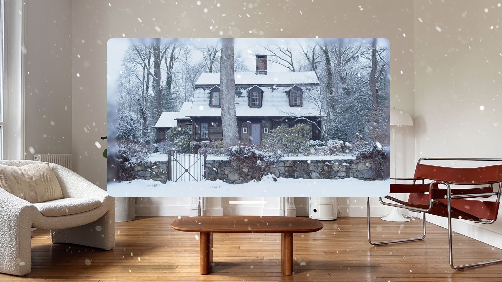 A cozy living room with modern furniture features a large window or screen showing a snowy winter scene of a stone-walled cottage surrounded by trees. Snow falls softly both inside and outside.