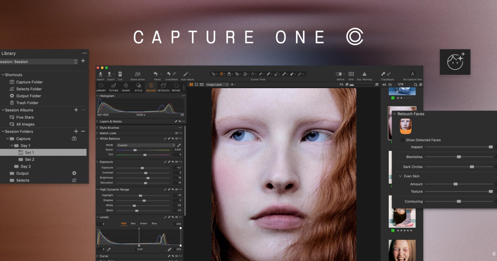 Screenshot of Capture One photo editing software, showing a close-up portrait of a red-haired person in the center, with adjustment panels and editing tools visible on both sides.