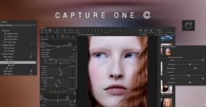 Screenshot of Capture One photo editing software, showing a close-up portrait of a red-haired person in the center, with adjustment panels and editing tools visible on both sides.