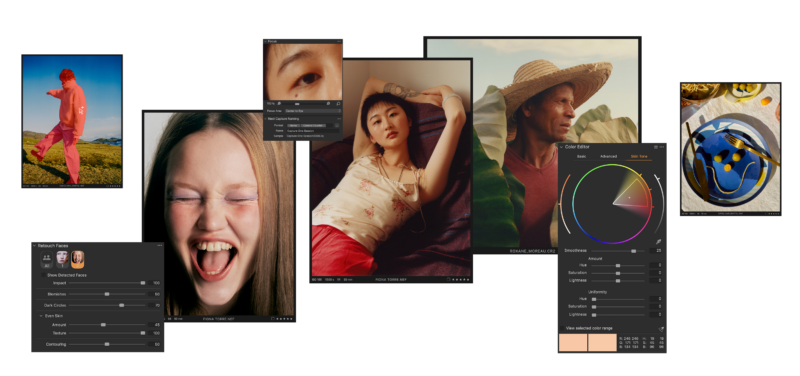 A collage of diverse portraits, including people in different poses and lighting, overlaid with digital editing tool panels showing color and tone adjustment sliders and a color wheel interface.