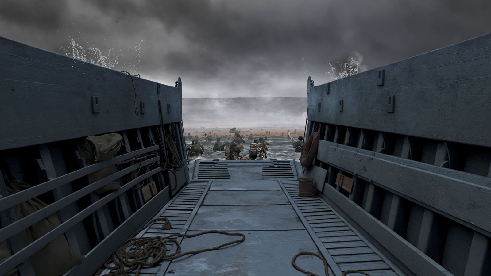 View from inside a landing craft as soldiers wade onto a stormy beach under a dark sky, with water splashing and military gear visible on the boat.
