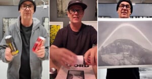A man in glasses and a black cap demonstrates a trick with two soda cans, then reveals a photo of a mountain with a white arc added, split across three panels.