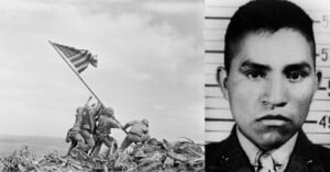 Historic black-and-white photo of U.S. Marines raising the American flag at Iwo Jima beside a portrait of a young man in a military uniform in front of a height measurement chart.