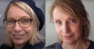 Side-by-side portraits of a middle-aged woman with blonde hair, smiling with glasses and a beret on the left, and looking softly at the camera without glasses on the right.