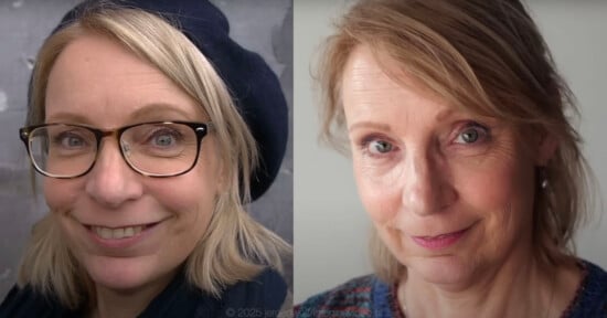 Side-by-side portraits of a middle-aged woman with blonde hair, smiling with glasses and a beret on the left, and looking softly at the camera without glasses on the right.