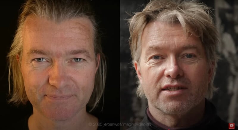 Split image showing the same middle-aged man with long, straight hair. On the left, he smiles softly against a dark background. On the right, he appears serious with messier hair and a lighter outdoor background.