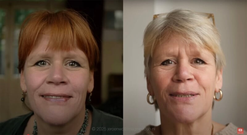 Two side-by-side portraits of a woman: on the left, she has red hair and a slight smile; on the right, she has short gray hair, glasses on her head, and is smiling gently.