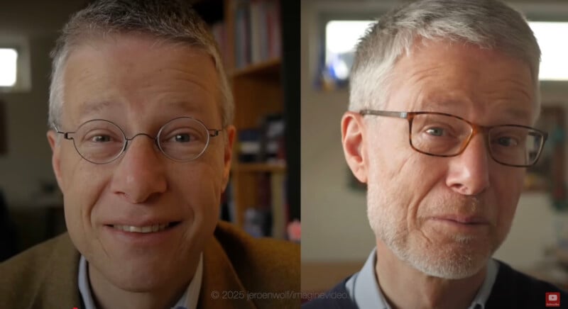 Split-screen photo of an older man with short gray hair, glasses, and light stubble. On the left, he’s smiling gently; on the right, he has a neutral expression. Bookshelves and a window are in the blurred background.