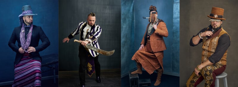 Four men pose in eclectic, stylized outfits: the first wears a striped skirt and hat; the second holds a large curved sword; the third sits with a beaded mask and staff; the fourth wears a brown vest, top hat, and patterned pants.