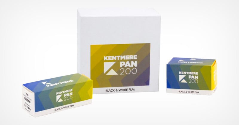 Three boxes of Kentmere Pan 200 black & white film are displayed: a large white box in the center and two smaller, multicolored boxes with geometric patterns on either side, all featuring the brand name and film type.