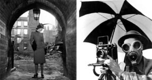 Left: A woman in a suit and hat stands in an arched passage, looking at bombed-out buildings. Right: A photographer wearing a gas mask holds a camera under a large umbrella.