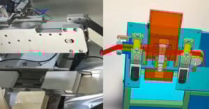 A split image showing a close-up of industrial machinery on the left and a colorful 3D computer model of a mechanical device on the right, illustrating a design and its real-world implementation.