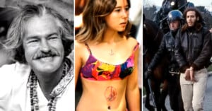 A collage shows an older man smiling, a young woman in a colorful bikini with a peace sign painted on her stomach, and a man in handcuffs escorted by police officers at a protest.