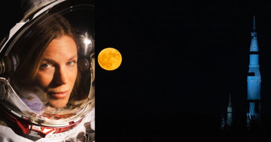 A close-up of a woman in an astronaut suit is shown on the left, with a bright full moon and a rocket (Saturn V) on a dark night sky in the background on the right.